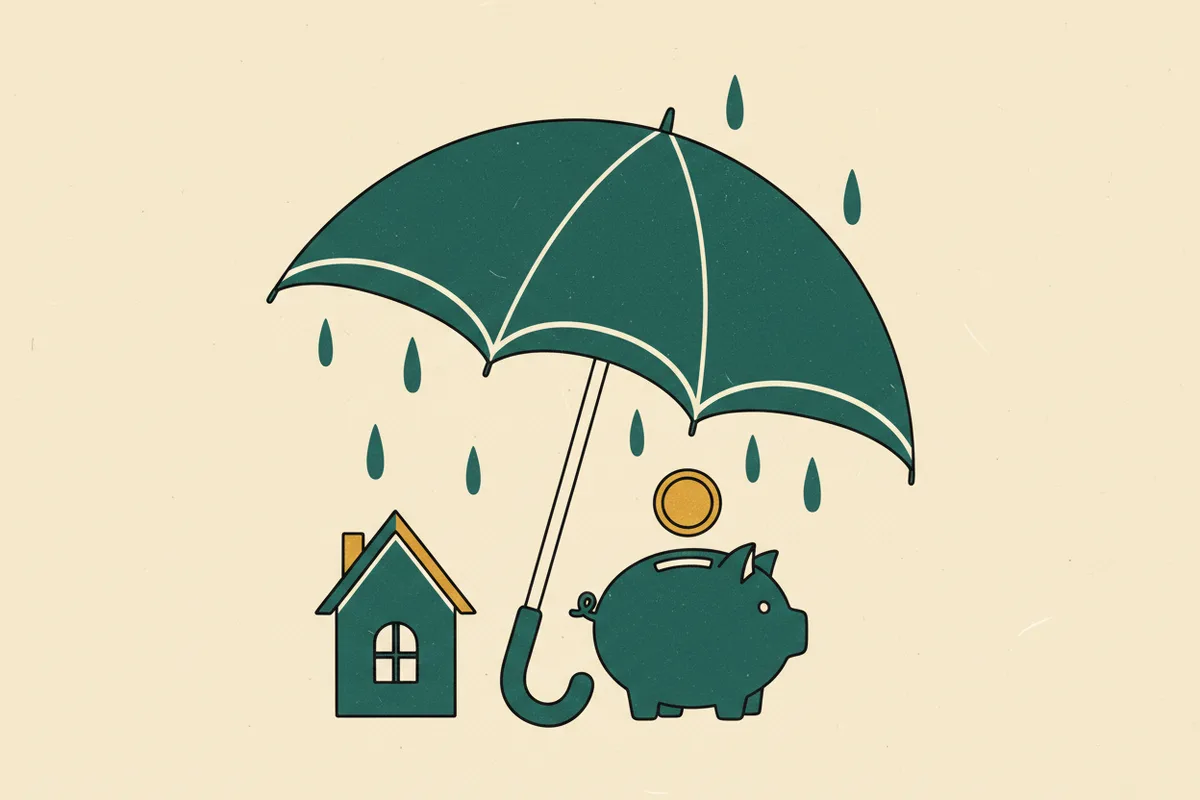 Illustration of an umbrella sheltering a house and piggy bank from rain