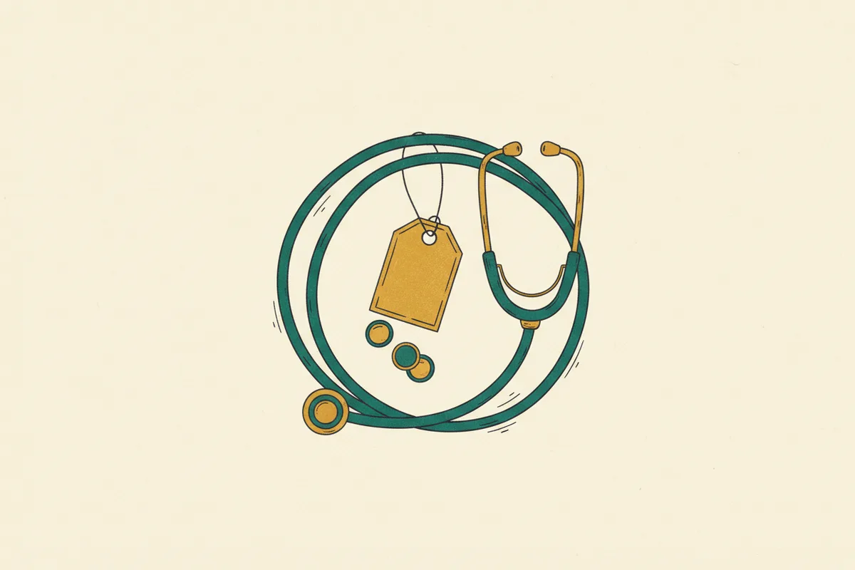 Illustration of a stethoscope coiled around a price tag